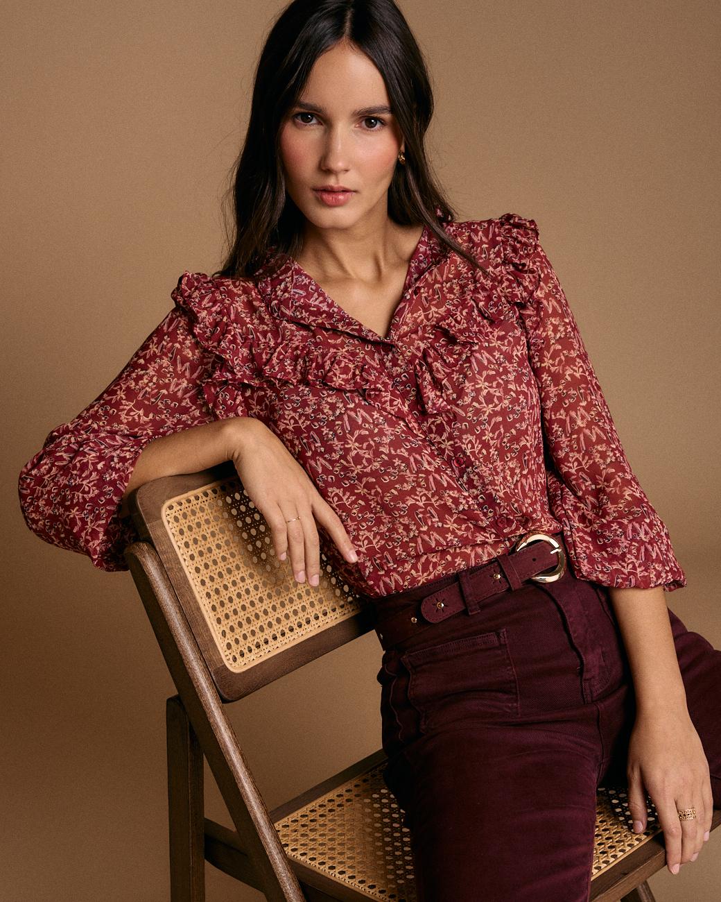 Camisa com Folhos Estampada Lidia