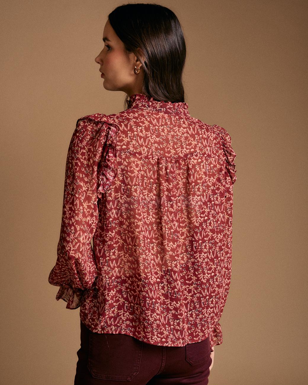 Camisa com Folhos Estampada Lidia