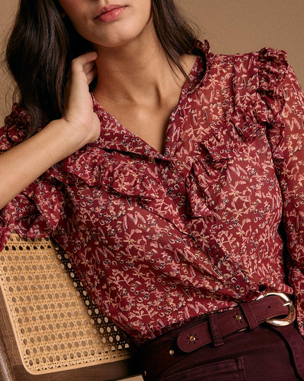 Camisa com Folhos Estampada Lidia